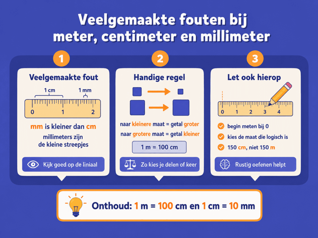 Educatieve illustratie die veelgemaakte meetfouten laat zien, zoals millimeter en centimeter verwarren, verkeerd omrekenen en niet bij 0 beginnen op de liniaal.