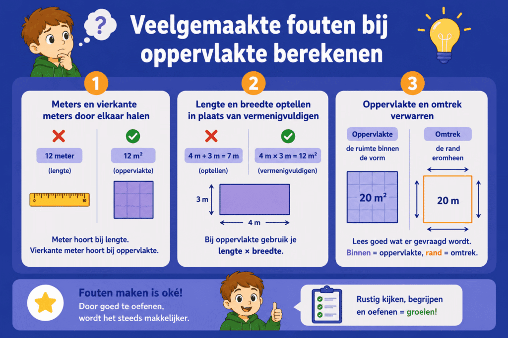 Infographic die veelgemaakte fouten bij oppervlakte berekenen uitlegt. De afbeelding laat zien dat kinderen lengte en oppervlakte-eenheden kunnen verwarren, soms optellen in plaats van vermenigvuldigen en oppervlakte met omtrek door elkaar halen.
