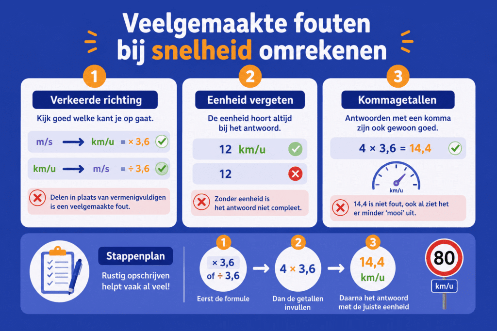Infographic met veelvoorkomende fouten bij snelheid omrekenen, zoals de verkeerde richting kiezen, de eenheid vergeten en fouten met kommagetallen.