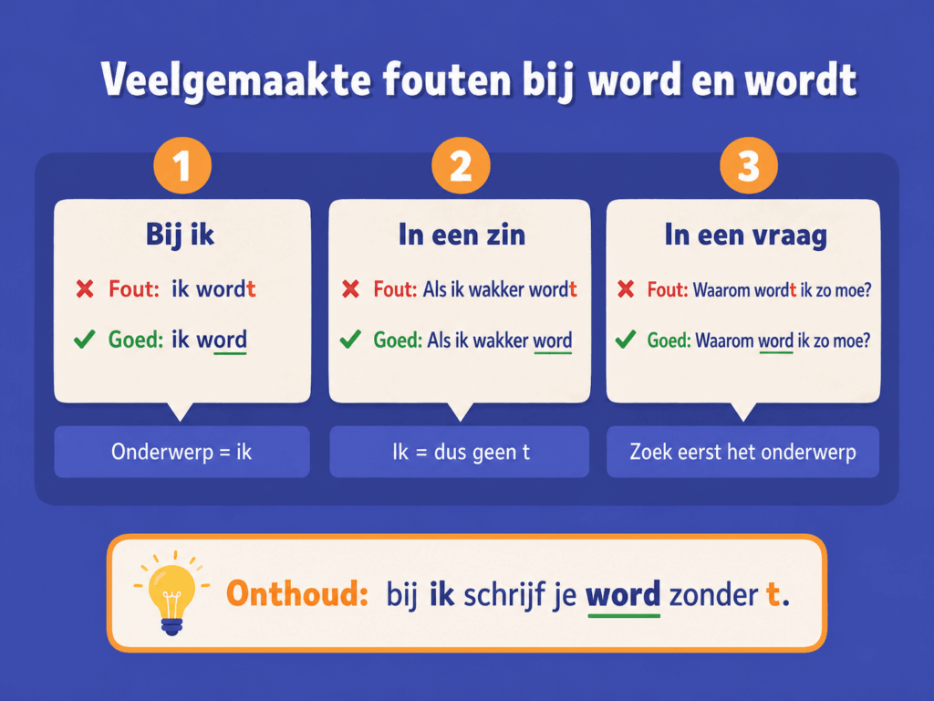 Educatieve illustratie die veelgemaakte fouten bij word en wordt laat zien, met voorbeelden van foute en goede zinnen en de uitleg dat je bij ik geen t schrijft.