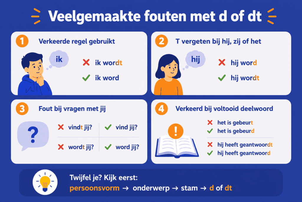 Eenvoudige infographic met veelgemaakte fouten bij d of dt, zoals ik word, hij wordt en vraagzinnen met jij. De afbeelding laat correcte en foutieve voorbeelden overzichtelijk zien.