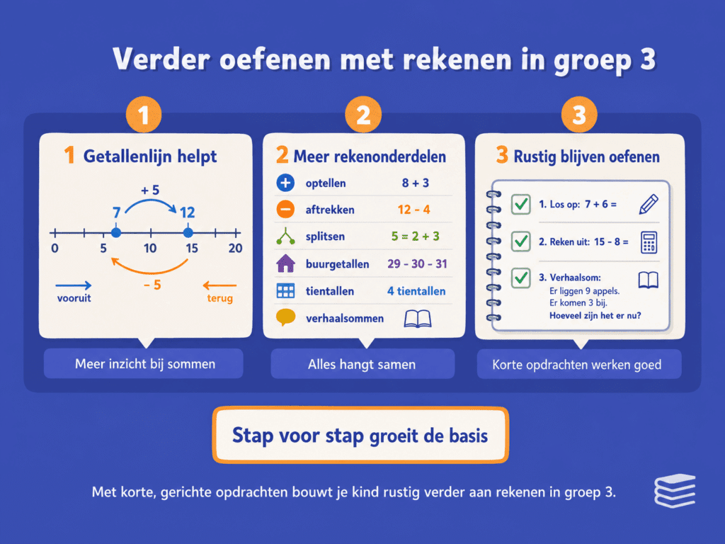 Infographic die laat zien hoe kinderen verder kunnen oefenen met rekenen in groep 3, met de getallenlijn, optellen, aftrekken, splitsen, buurgetallen, tientallen en korte oefenopdrachten.