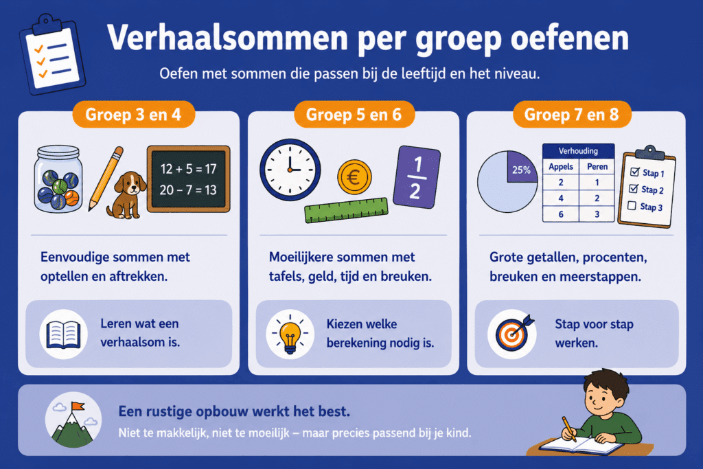 Infographic die laat zien hoe verhaalsommen moeilijker worden per schoolgroep. De afbeelding verdeelt de leerstof in groep 3 en 4, groep 5 en 6 en groep 7 en 8. Per groep worden herkenbare voorbeelden en vaardigheden getoond, zoals optellen en aftrekken, rekenen met geld en breuken en werken met procenten en meerstappensommen.