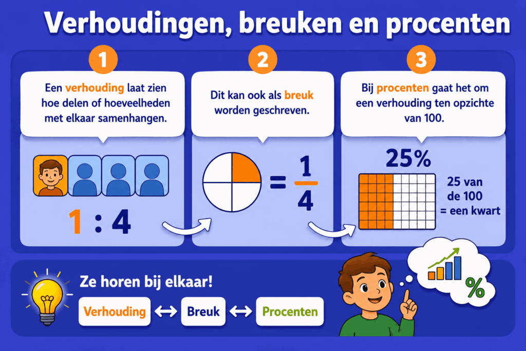Eenvoudige educatieve illustratie die laat zien hoe verhoudingen, breuken en procenten met elkaar samenhangen, met voorbeelden zoals 1 op 4, 1/4 en 25 procent en simpele visuele uitleg voor kinderen.