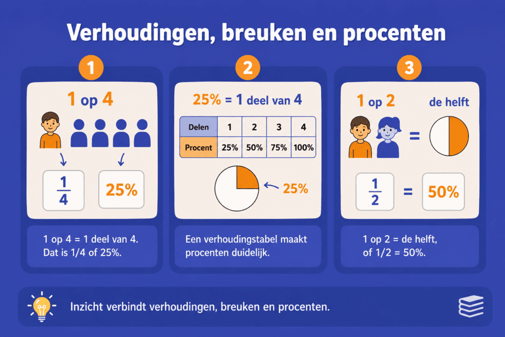 Educatieve illustratie die laat zien hoe verhoudingen, breuken en procenten met elkaar samenhangen, met voorbeelden van 1 op 4, 1/4, 25% en 1/2 = 50%.
