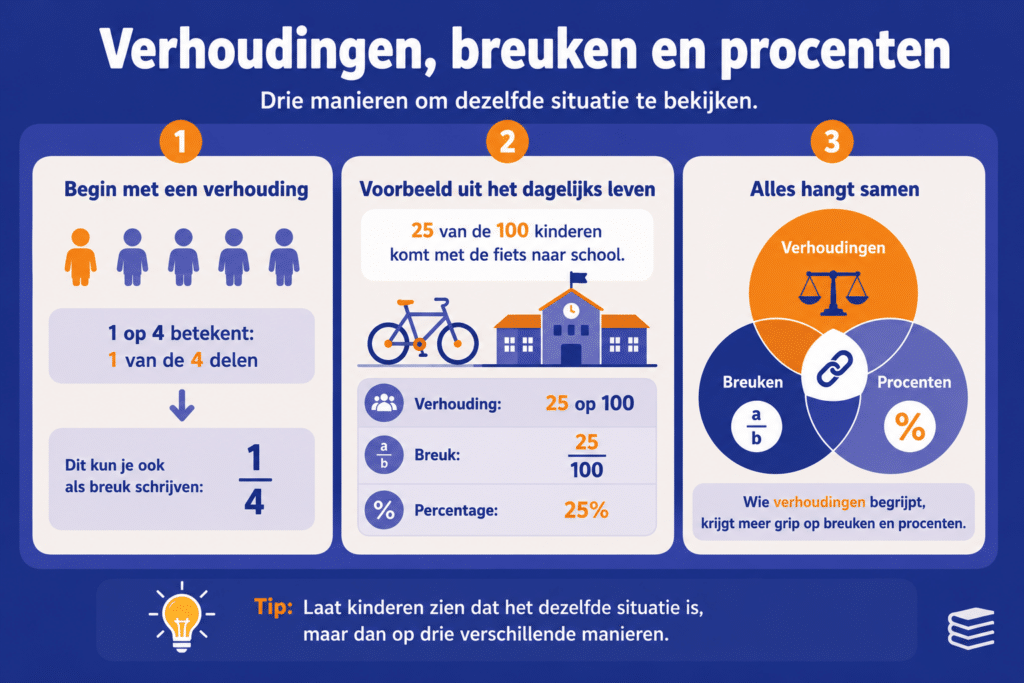 Educatieve infographic over de samenhang tussen verhoudingen, breuken en procenten. De afbeelding laat zien dat 1 op 4 hetzelfde kan betekenen als 1 van de 4 delen en als de breuk 1 vierde. Ook wordt een voorbeeld gegeven waarbij 25 van de 100 kinderen met de fiets naar school komt.