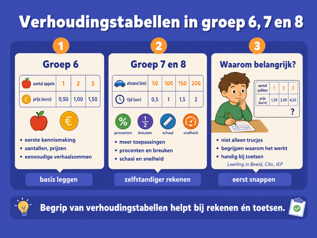 Infographic over verhoudingstabellen in groep 6, 7 en 8, met voorbeelden voor aantallen, prijzen, procenten, breuken, schaal, snelheid en toetsen.