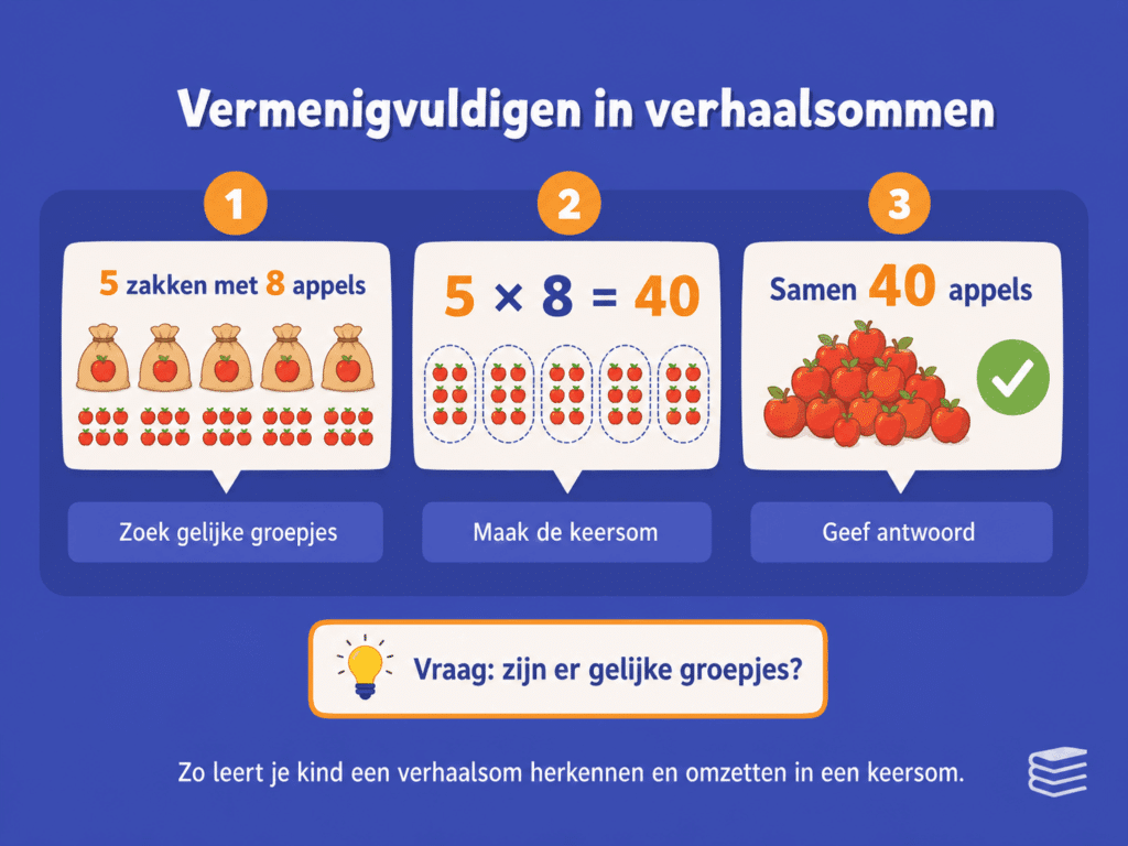 Illustratie voor kinderen over vermenigvuldigen in verhaalsommen, met voorbeelden van gelijke groepjes en uitleg hoe je herkent wanneer je moet vermenigvuldigen.