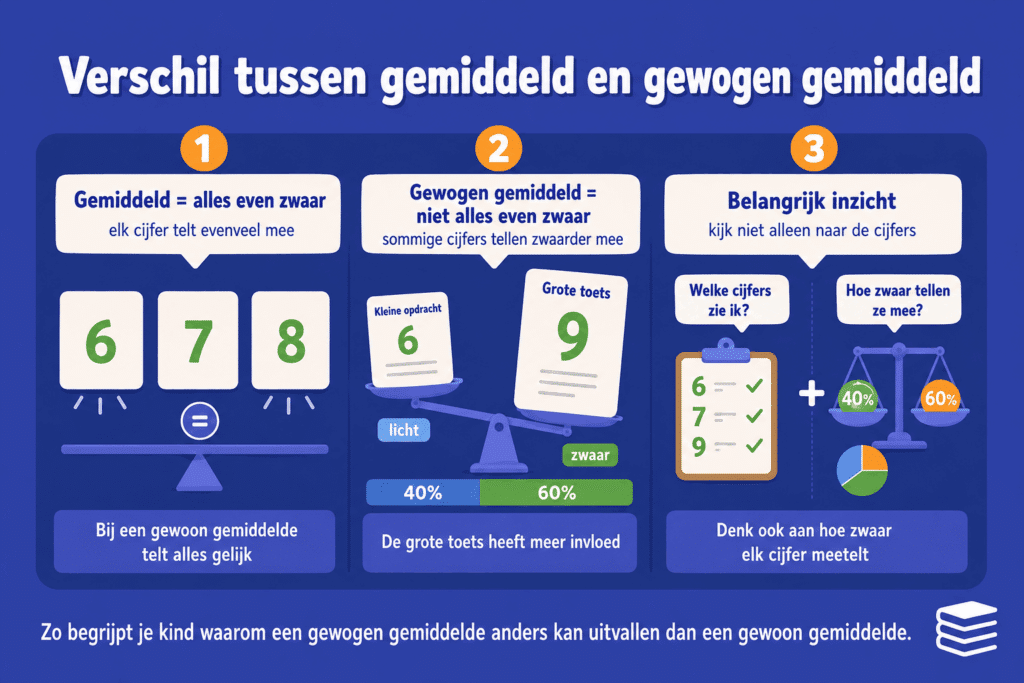 Infographic die het verschil uitlegt tussen een gewoon gemiddelde en een gewogen gemiddelde, met cijfers, toetsen en onderdelen die zwaarder meetellen.