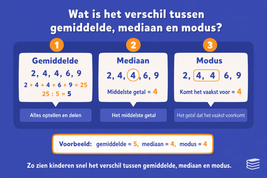 Infographic die het verschil uitlegt tussen gemiddelde, mediaan en modus met de getallen 2, 4, 4, 6 en 9, inclusief voorbeelden van optellen en delen, het middelste getal en het getal dat het vaakst voorkomt.