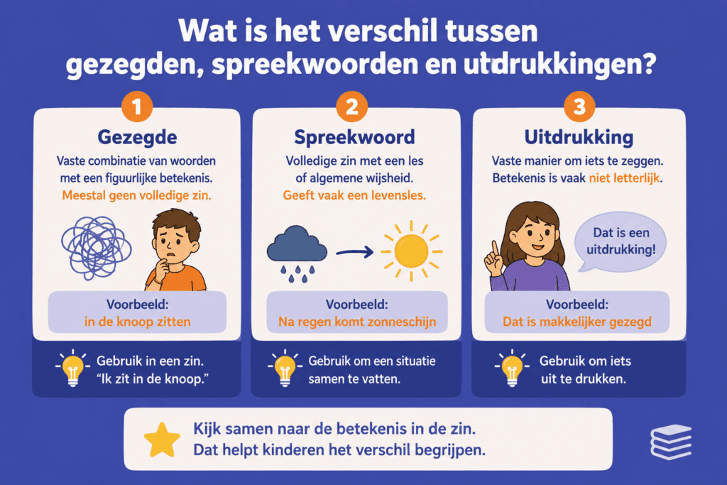 Infographic die kort het verschil laat zien tussen gezegden, spreekwoorden en uitdrukkingen.