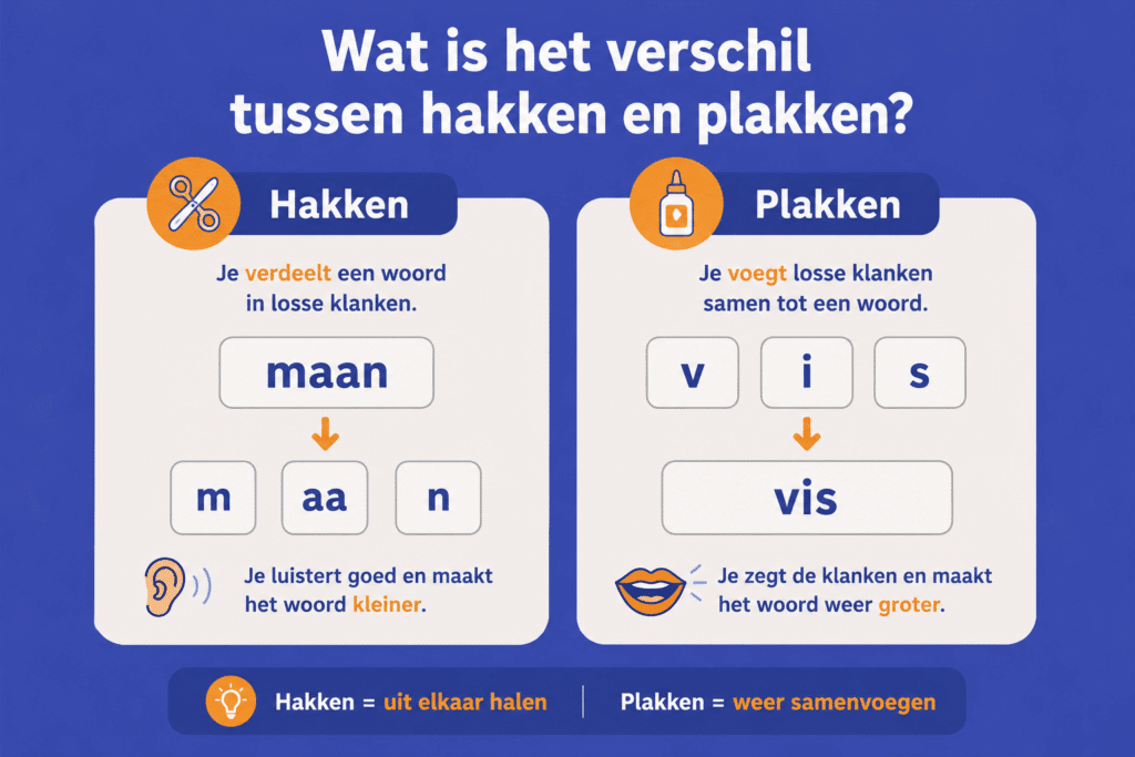 Educatieve illustratie die het verschil laat zien tussen hakken en plakken met voorbeelden van woorden opdelen in klanken en losse klanken samenvoegen tot een woord in een overzichtelijke blauwe stijl.