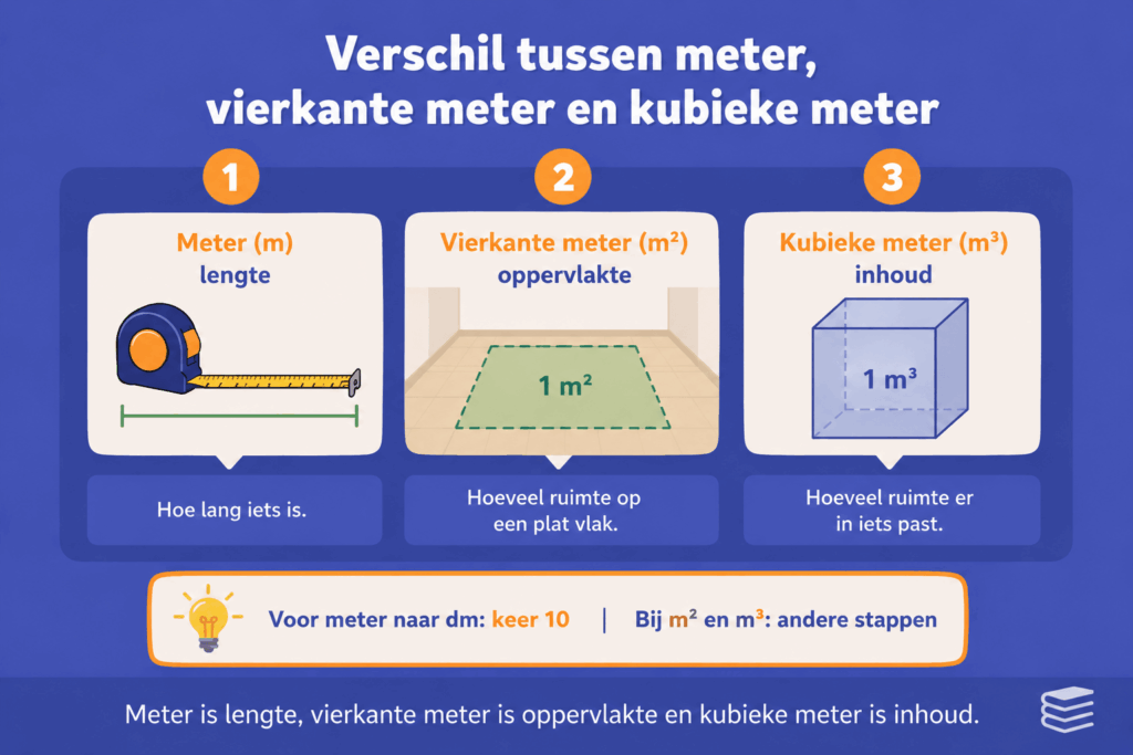 Infographic die het verschil uitlegt tussen meter als lengte, vierkante meter als oppervlakte en kubieke meter als inhoud.