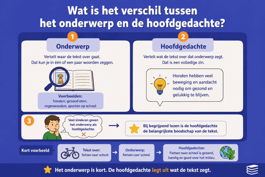 Infographic die uitlegt dat het onderwerp kort vertelt waar de tekst over gaat en de hoofdgedachte de belangrijkste boodschap geeft.
