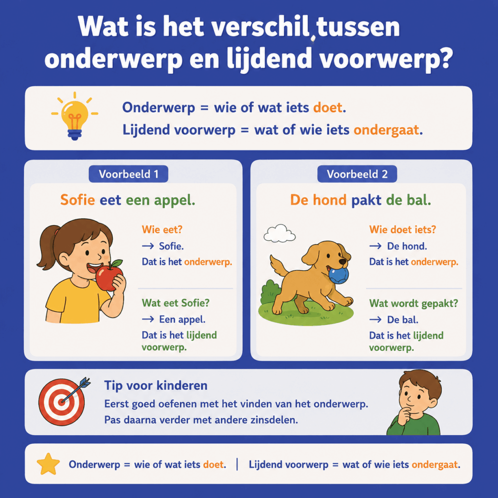 Infographic die met voorbeeldzinnen uitlegt wat het verschil is tussen het onderwerp en het lijdend voorwerp.