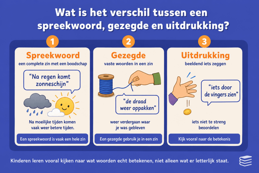Infographic die het verschil uitlegt tussen een spreekwoord, gezegde en uitdrukking, met voorbeelden en korte betekenissen voor kinderen.