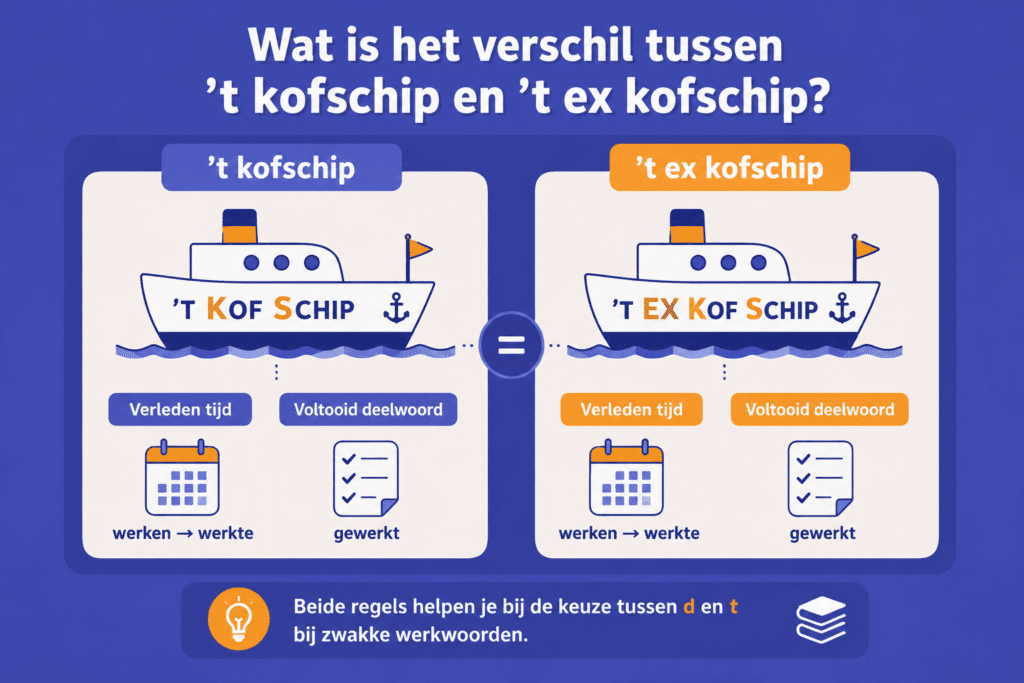Educatieve illustratie die het verschil laat zien tussen ’t kofschip en ’t ex kofschip en uitlegt dat beide spellingregels helpen bij de keuze tussen d en t bij zwakke werkwoorden.