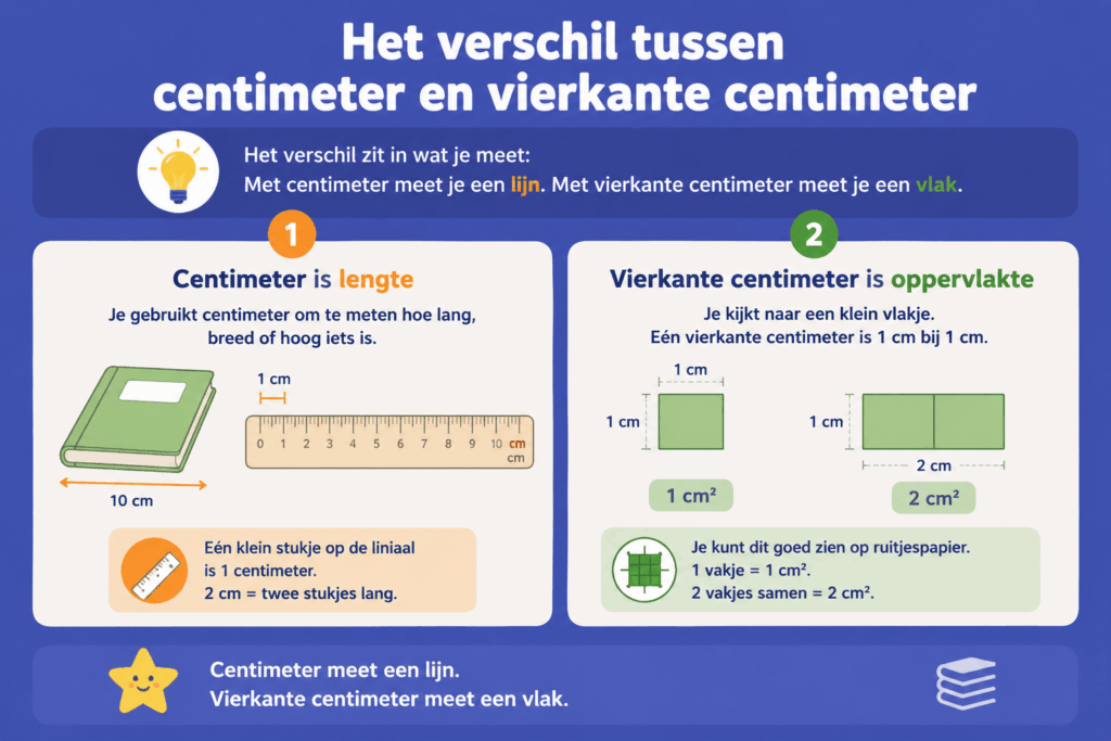 Educatieve infographic voor basisschoolkinderen die het verschil uitlegt tussen centimeter en vierkante centimeter. Links wordt getoond dat centimeter een lengtemaat is met een liniaal en een voorwerp van 10 cm. Rechts wordt uitgelegd dat vierkante centimeter een oppervlaktemaat is met vakjes van 1 cm² en 2 cm².