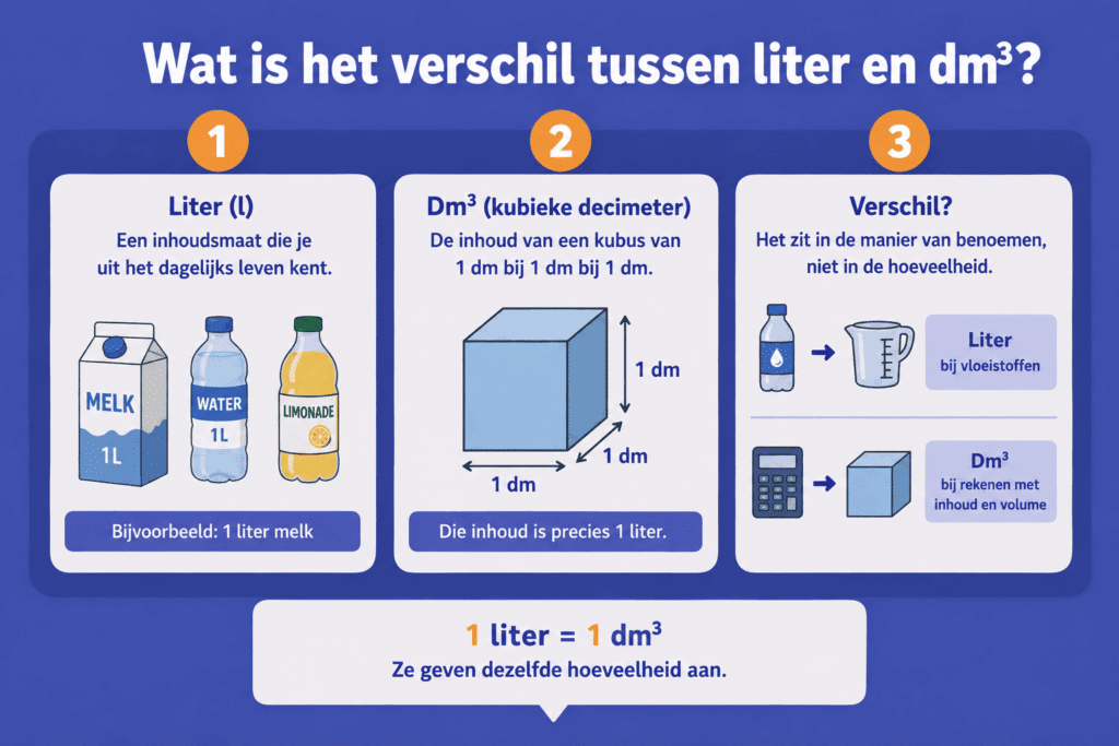Eenvoudige educatieve illustratie die uitlegt wat het verschil is tussen liter en dm³, met voorbeelden van vloeistoffen, een kubus van 1 dm bij 1 dm bij 1 dm en de uitleg dat 1 liter gelijk is aan 1 dm³.