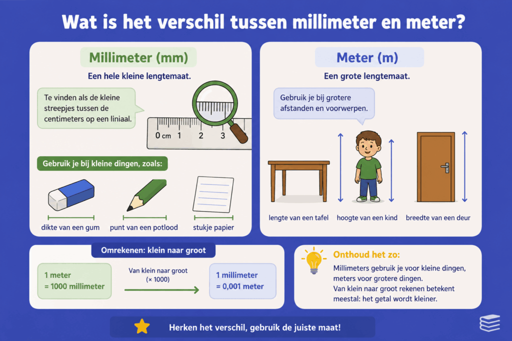 Infographic die het verschil laat zien tussen millimeters en meters met voorbeelden van kleine en grote voorwerpen.