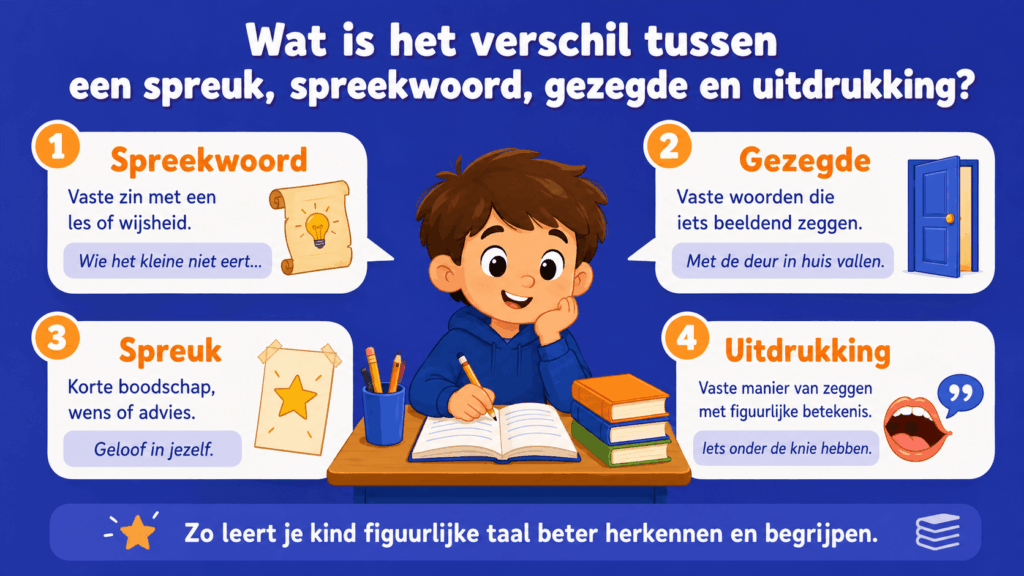 Infographic over het verschil tussen een spreuk, spreekwoord, gezegde en uitdrukking, met korte uitleg en voorbeelden.