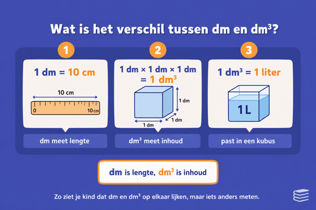 Infographic die het verschil uitlegt tussen decimeter als lengtemaat en kubieke decimeter als inhoudsmaat