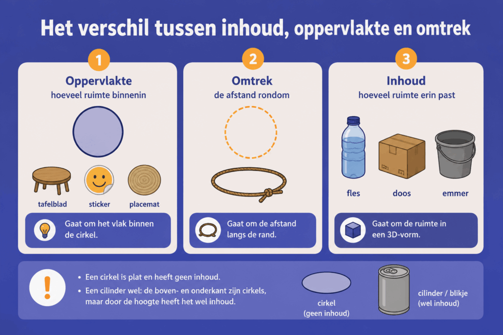 Infographic die het verschil uitlegt tussen oppervlakte, omtrek en inhoud. De afbeelding toont bij oppervlakte de ruimte binnen een cirkel, bij omtrek de afstand rondom een cirkel en bij inhoud de ruimte die in een voorwerp past, zoals een fles, doos of emmer.
