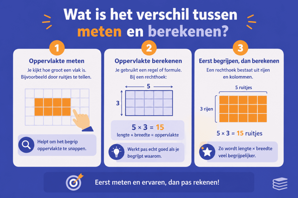 Eenvoudige infographic die het verschil laat zien tussen oppervlakte meten met ruitjes tellen en oppervlakte berekenen met lengte × breedte.