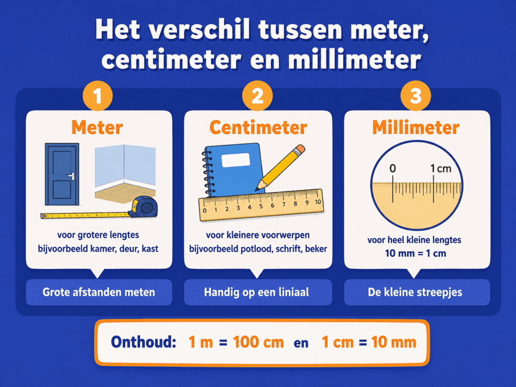 Educatieve illustratie die laat zien wanneer je meter, centimeter en millimeter gebruikt, met voorbeelden van grote, kleine en heel kleine lengtes.