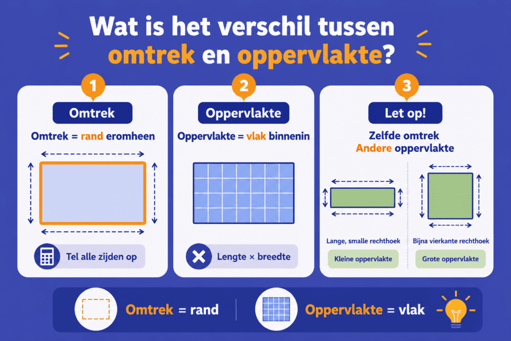 Eenvoudige infographic die het verschil laat zien tussen omtrek (de rand van een vorm) en oppervlakte (het vlak binnen de vorm), met voorbeelden van rechthoeken.