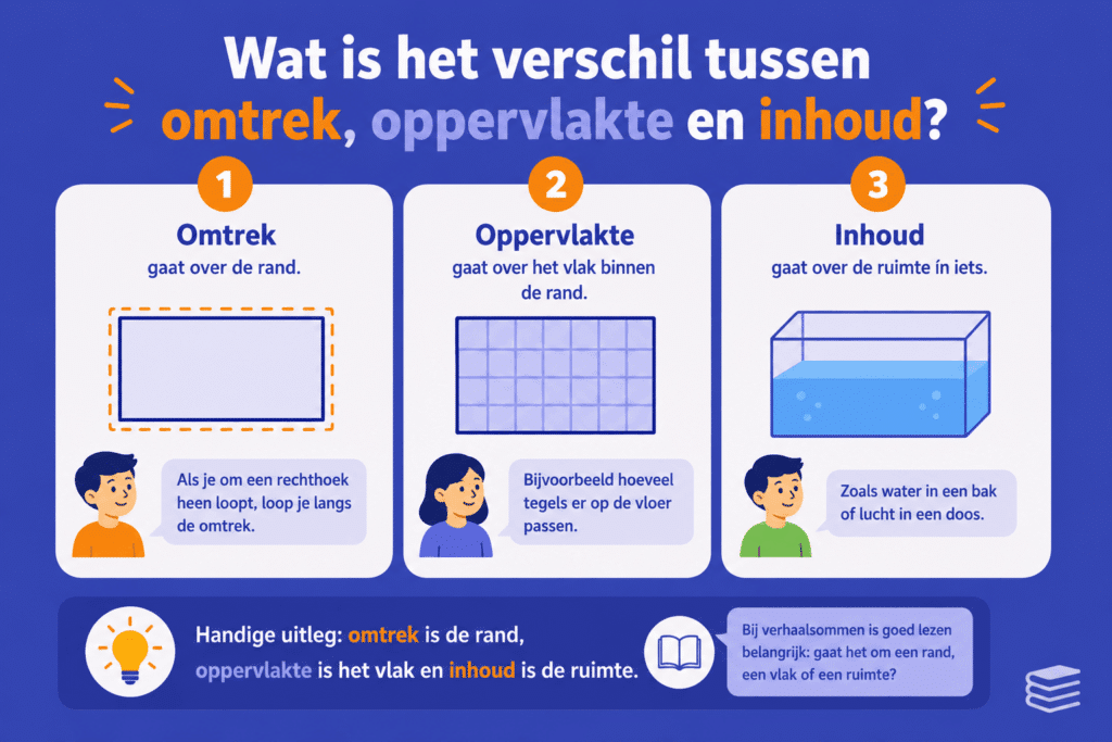 Eenvoudige infographic die het verschil uitlegt tussen omtrek (de rand), oppervlakte (het vlak) en inhoud (de ruimte in een voorwerp)