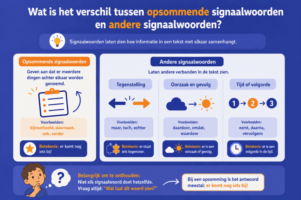 Overzichtelijke educatieve infographic die het verschil laat zien tussen opsommende signaalwoorden en andere soorten signaalwoorden. Links staat een eenvoudig blok met opsommende signaalwoorden zoals ‘bijvoorbeeld’, ‘daarnaast’ en ‘ook’, met de uitleg dat er extra informatie volgt.