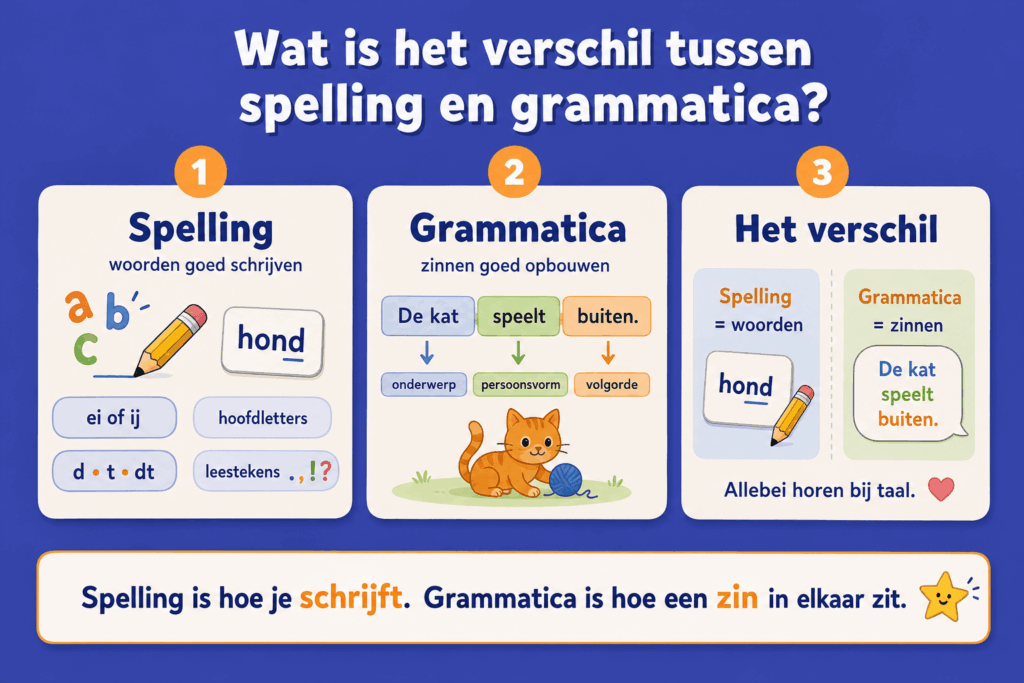 Infographic over het verschil tussen spelling en grammatica, met voorbeelden van woorden goed schrijven en zinnen goed opbouwen.
