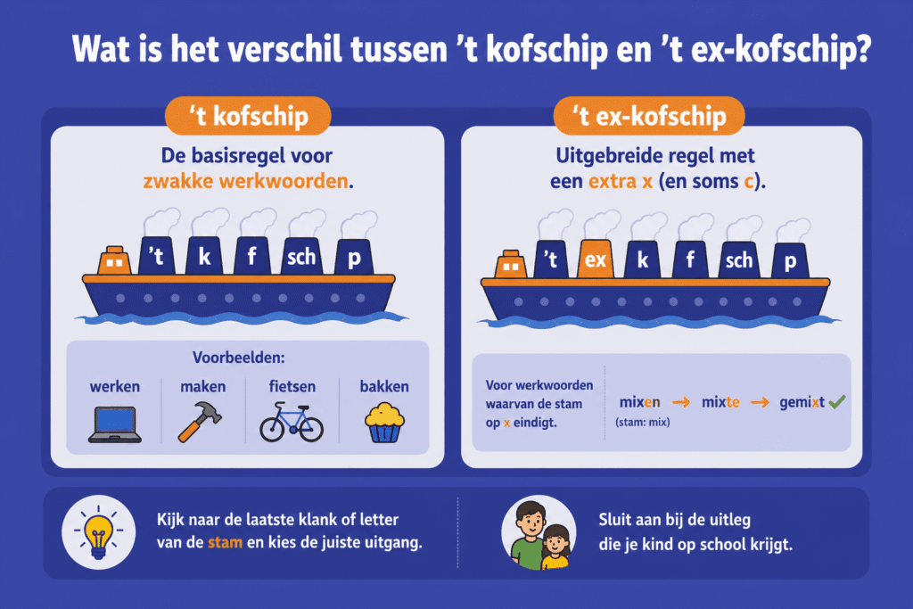 Infographic die het verschil tussen ’t kofschip en ’t ex-kofschip eenvoudig uitlegt. De afbeelding laat zien dat ’t kofschip de basisregel is voor zwakke werkwoorden en dat ’t ex-kofschip een uitbreiding is met de extra letter x voor werkwoorden zoals mixen.