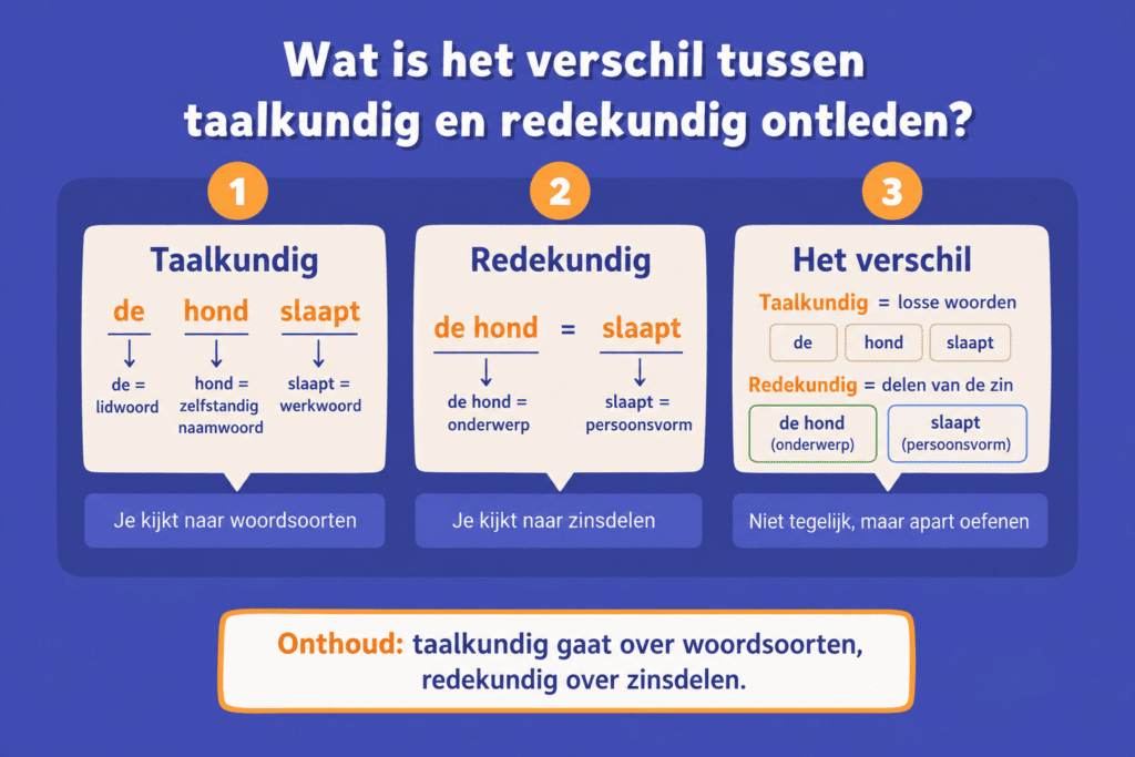 Educatieve illustratie die het verschil laat zien tussen taalkundig ontleden met woordsoorten en redekundig ontleden met zinsdelen.