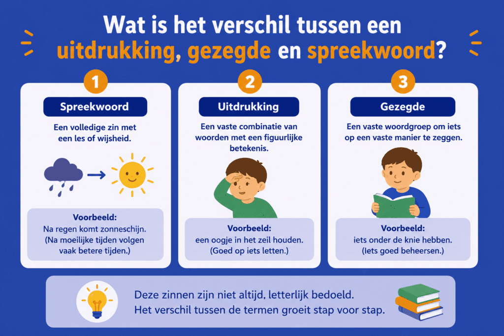 Infographic die op eenvoudige wijze het verschil uitlegt tussen een spreekwoord, uitdrukking en gezegde met voorbeelden voor kinderen.
