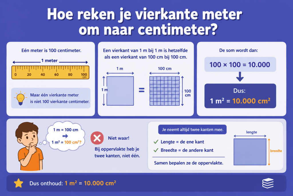 Educatieve illustratie die uitlegt waarom 1 m² gelijk is aan 10.000 cm², met een vergelijking tussen een vierkant van 1 meter bij 1 meter en een vierkant van 100 centimeter bij 100 centimeter.