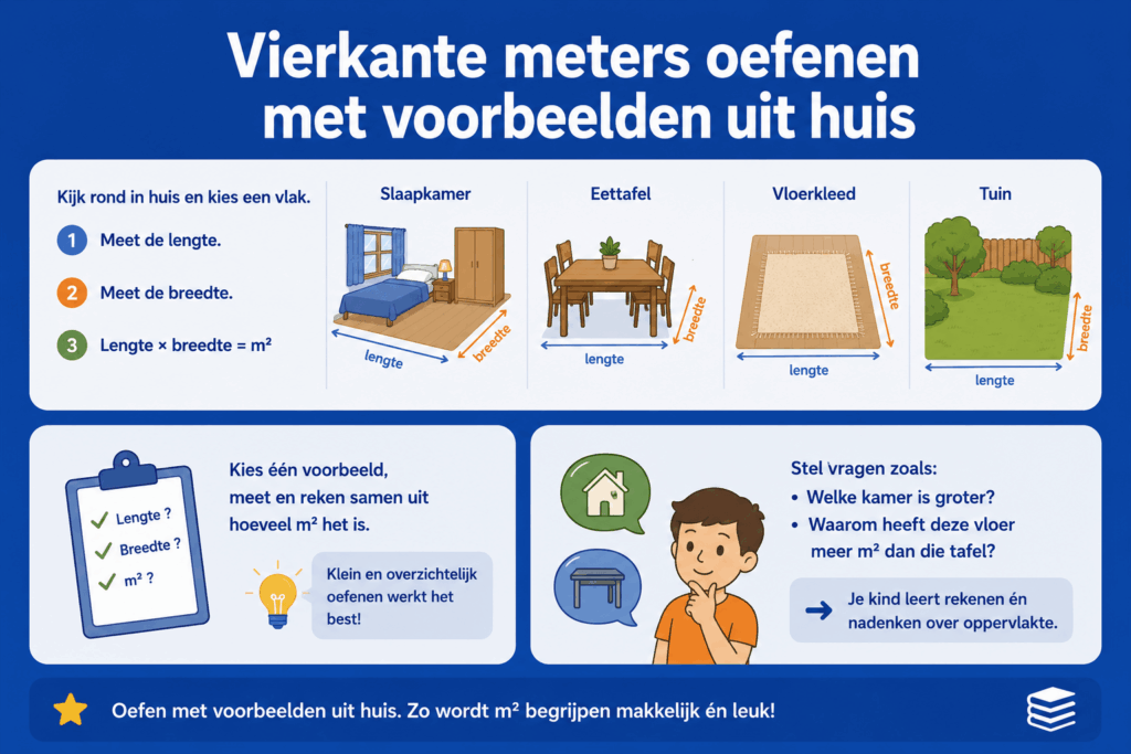 Educatieve illustratie die laat zien hoe kinderen vierkante meters oefenen met voorbeelden uit huis, zoals een slaapkamer, tafel, vloerkleed en tuin door lengte en breedte te meten.