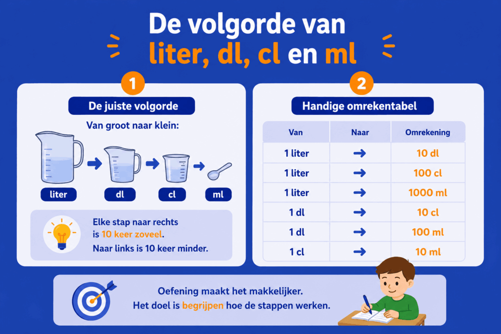 Overzichtelijke infographic die de volgorde van liter, dl, cl en ml laat zien en uitlegt hoe inhoudsmaten worden omgerekend.