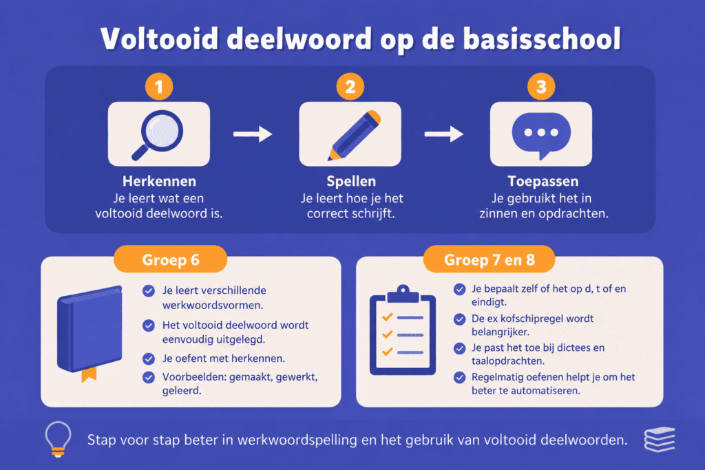 Infographic over het voltooid deelwoord op de basisschool met uitleg over herkennen, spellen en toepassen in groep 6, 7 en 8.