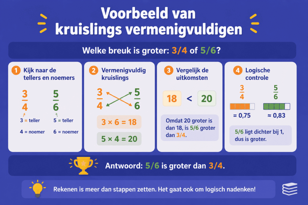Infographic die stap voor stap laat zien hoe je met kruislings vermenigvuldigen bepaalt welke breuk groter is.