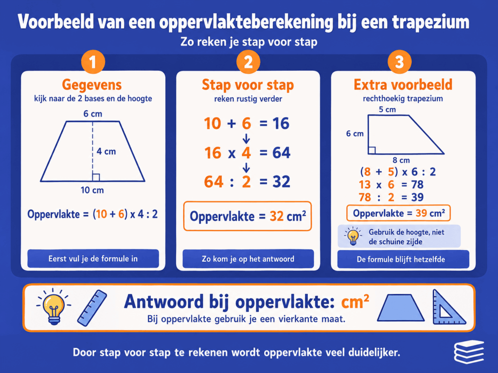 Infographic met een voorbeeld van een oppervlakteberekening bij een trapezium. De afbeelding laat stap voor stap zien hoe je met de formule de oppervlakte berekent, eerst met een trapezium van 10 cm, 6 cm en hoogte 4 cm, en daarna met een rechthoekig trapezium.