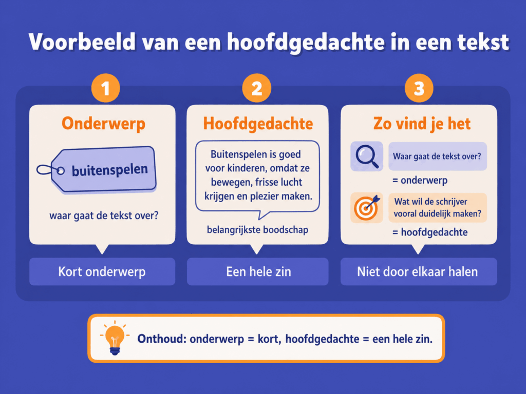 Educatieve illustratie die met het voorbeeld buitenspelen laat zien dat het onderwerp kort is en de hoofdgedachte de belangrijkste boodschap in een hele zin samenvat.