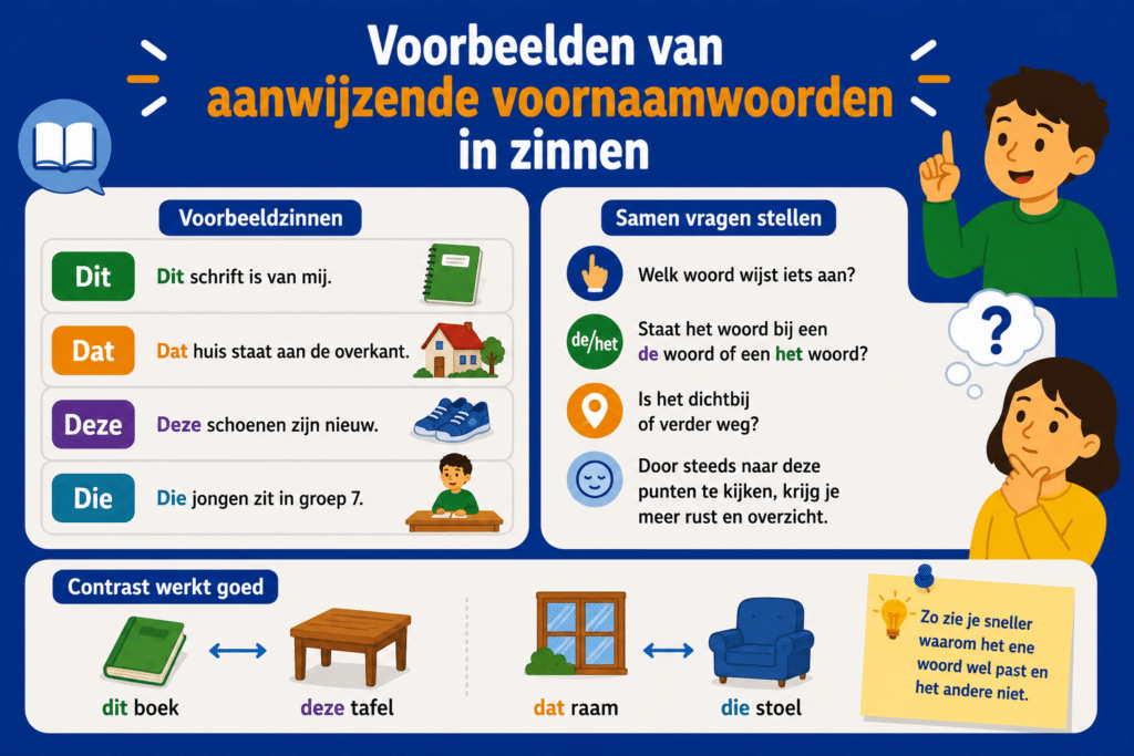 Infographic met voorbeelden van aanwijzende voornaamwoorden in zinnen, zoals dit, dat, deze en die, inclusief eenvoudige uitleg en herkenbare voorbeelden voor kinderen.