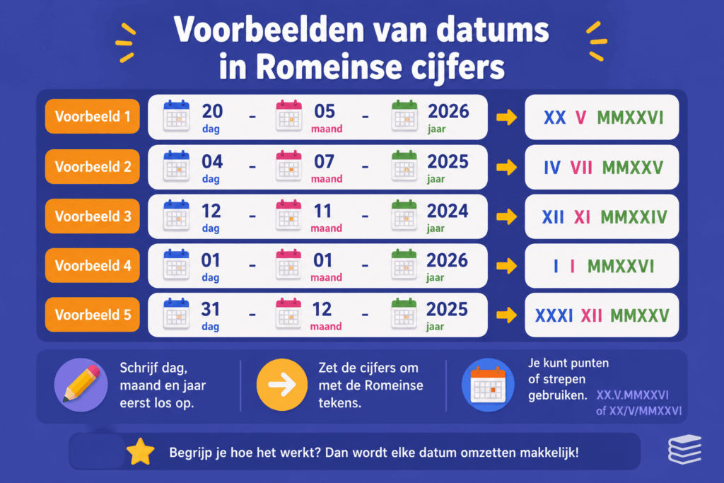 Infographic met voorbeelden van datums die zijn omgezet naar Romeinse cijfers, zoals XX V MMXXVI en IV VII MMXXV.