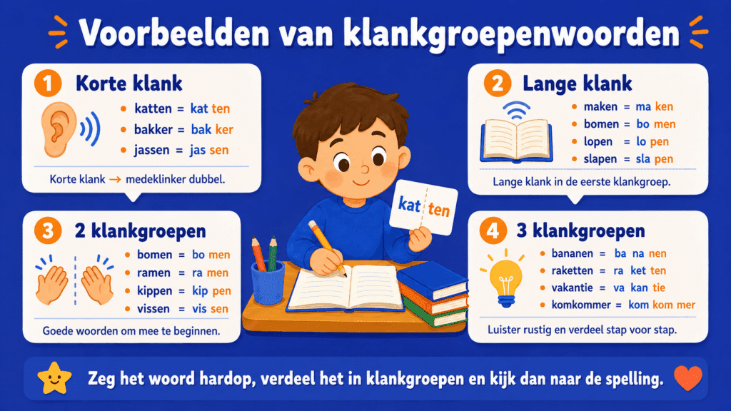 Infographic met voorbeelden van klankgroepenwoorden met korte klank, lange klank en woorden met 2 of 3 klankgroepen.