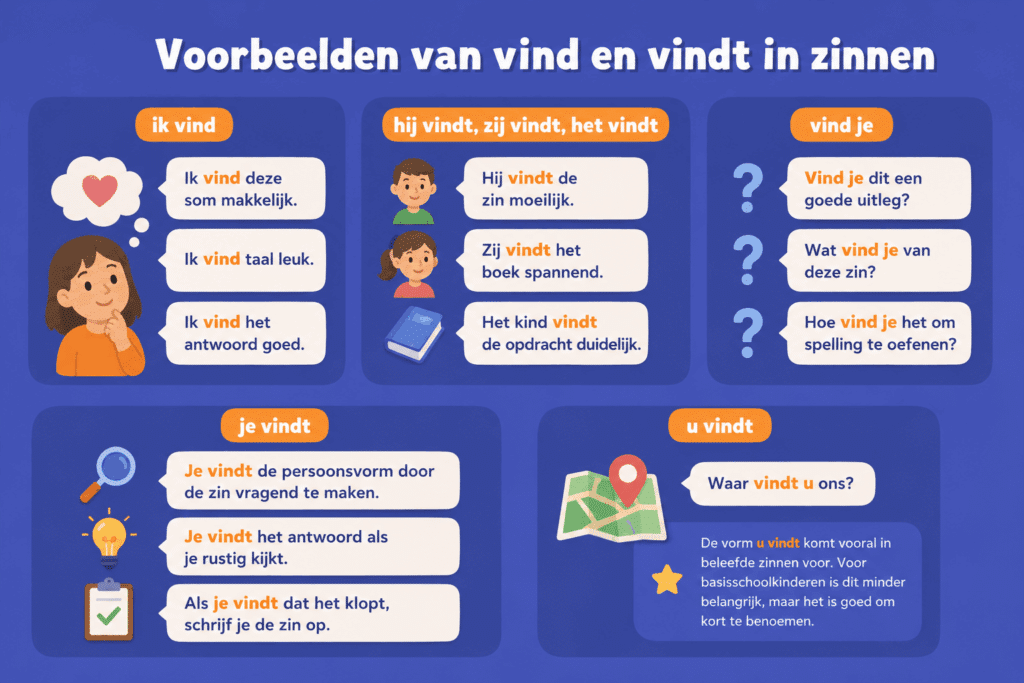 Infographic met voorbeeldzinnen waarin de werkwoorden vind en vindt op verschillende manieren worden gebruikt.