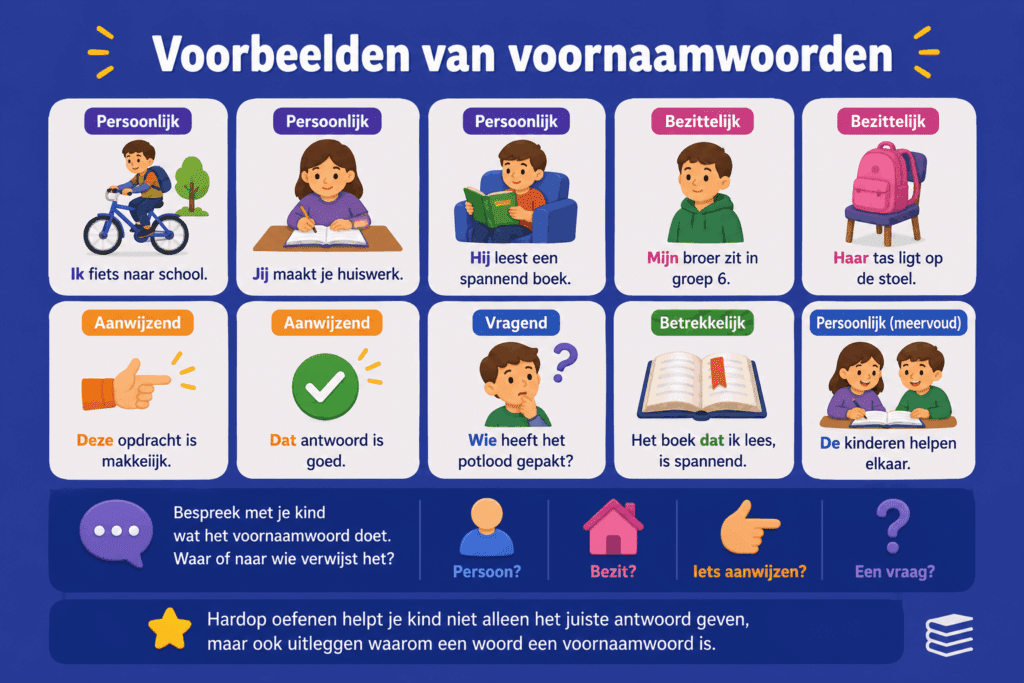 Infographic met verschillende voorbeelden van voornaamwoorden, zoals persoonlijke, bezittelijke, aanwijzende en vragende voornaamwoorden.