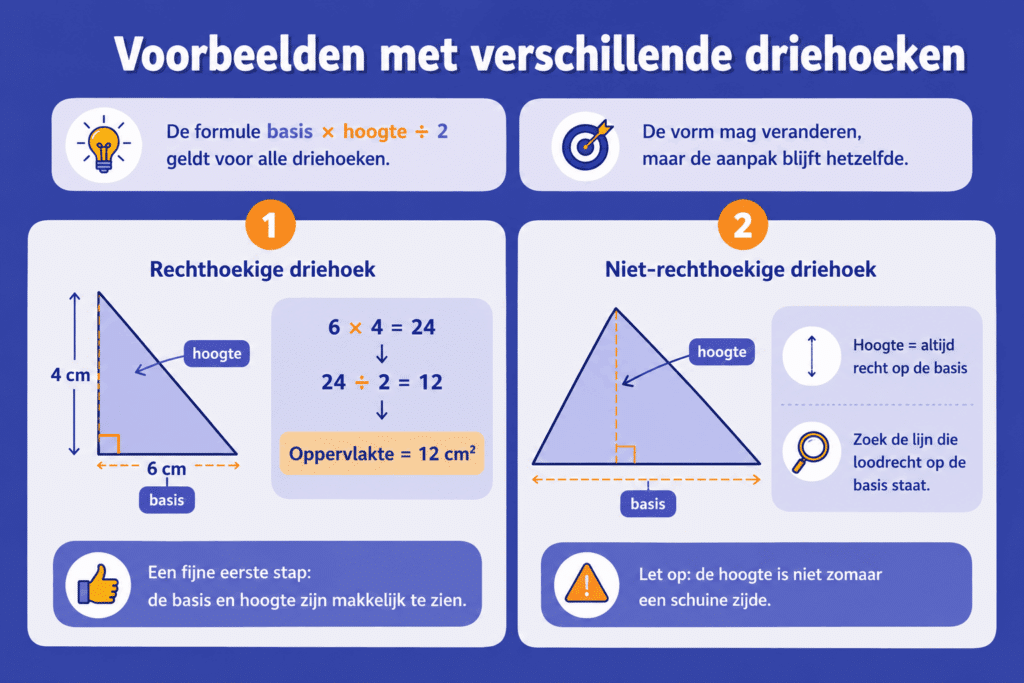 Infographic die laat zien dat de formule voor de oppervlakte van een driehoek bij alle driehoeken hetzelfde blijft. De afbeelding vergelijkt een rechthoekige driehoek met een niet rechthoekige driehoek, laat zien waar de basis en hoogte zitten en benadrukt dat de hoogte altijd loodrecht op de basis staat.