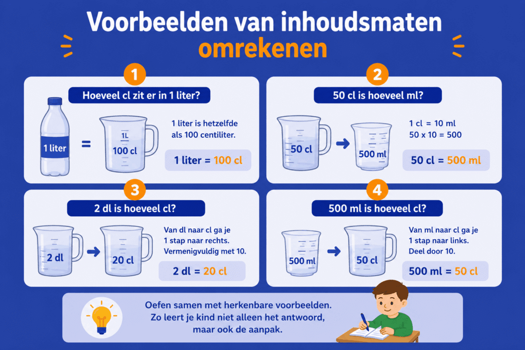 Infographic met eenvoudige voorbeelden van het omrekenen van liter, dl, cl en ml aan de hand van herkenbare inhoudsmaten.